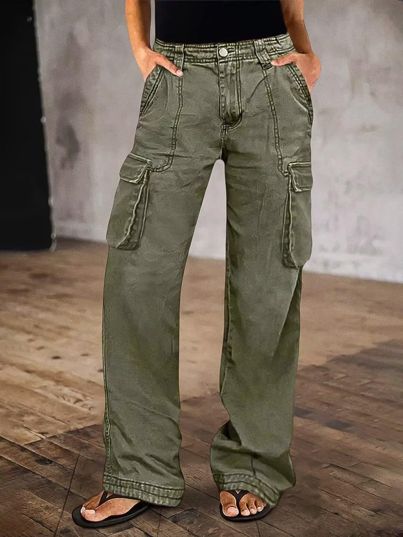 Flamingals Straight Leg Cargo Pants for Women Mid Rise High Stretchy Vintage Flap Pocket Casual Long Pants Green L - Image 2