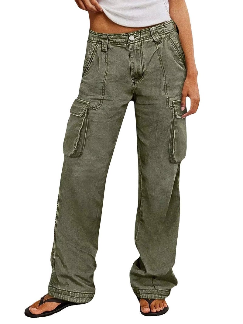 Flamingals Straight Leg Cargo Pants for Women Mid Rise High Stretchy Vintage Flap Pocket Casual Long Pants Green L - Image 1