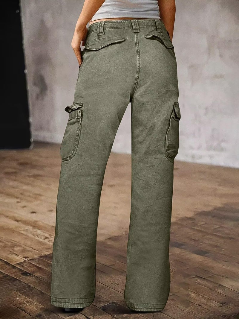 Flamingals Straight Leg Cargo Pants for Women Mid Rise High Stretchy Vintage Flap Pocket Casual Long Pants Green L - Image 3