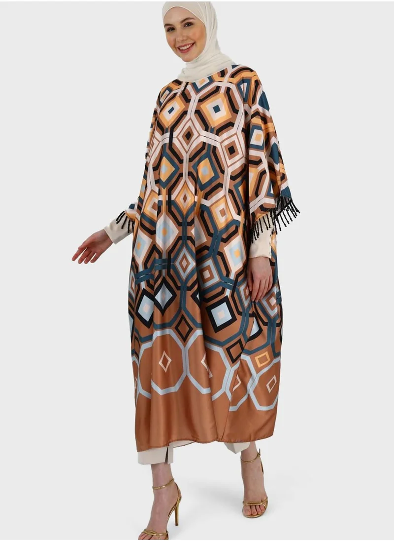 Refka by modanisa Fringe Sleeve Printed Dress