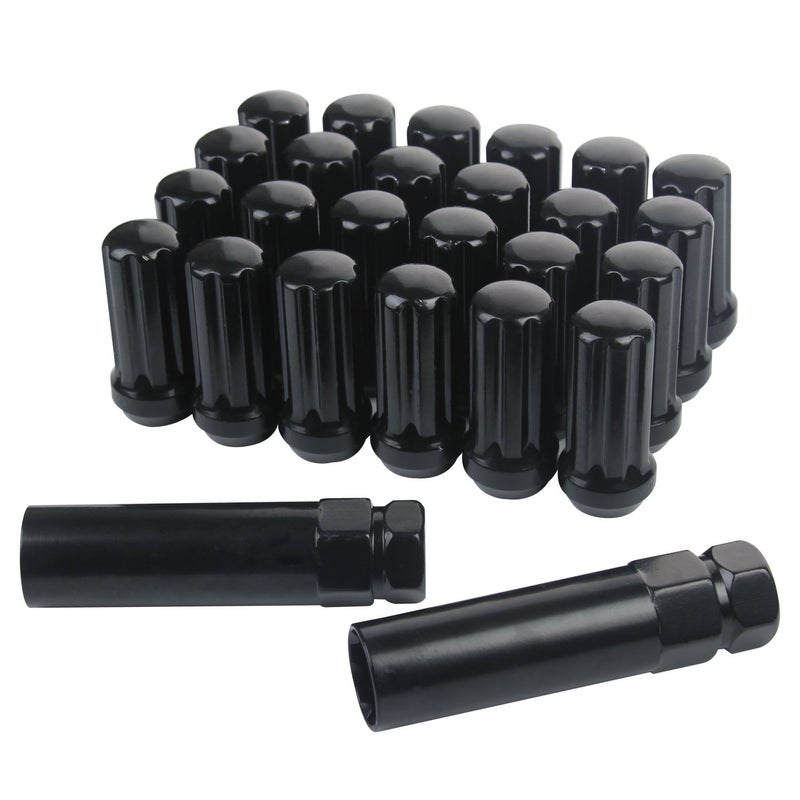 ZY Wheel 14mm x 15 Thread Size 51mm Long Set of 24pcs Small Diameter 7 Spline Drive Black Lug Nuts Closed End with 2 Keys