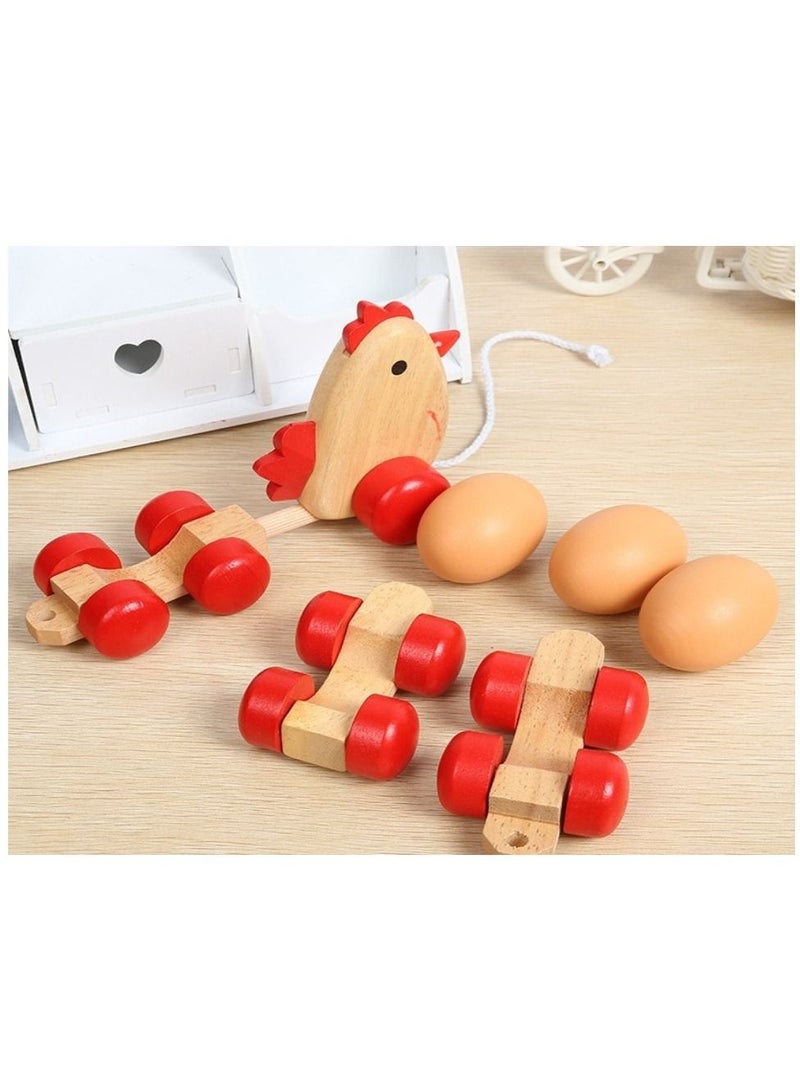 Wooden chicken and eggs in a wooden push cart with red wheels  - Image 3