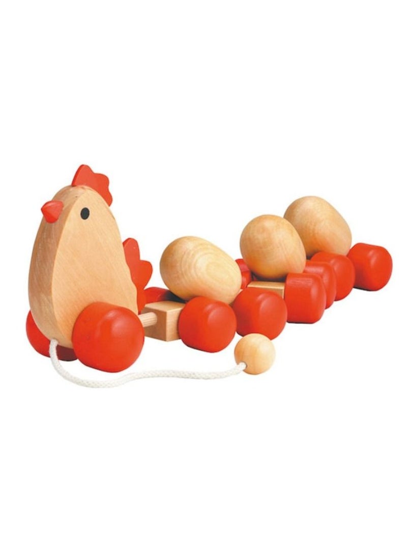 Wooden chicken and eggs in a wooden push cart with red wheels  - Image 1