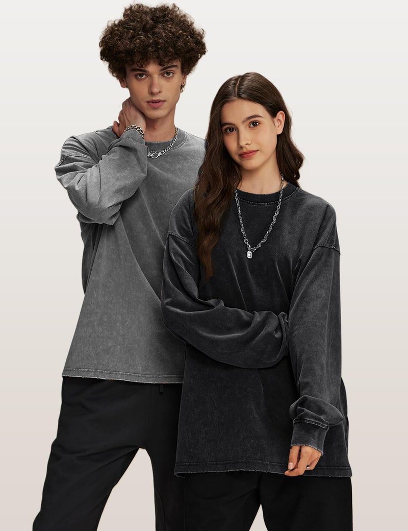 Arssm 3 Pack Mens Oversized T-Shirts Cotton Long Sleeve Tshirts Vintage Acid Wash Baggy Tees(BlackGreyArmy-XL) - Image 3