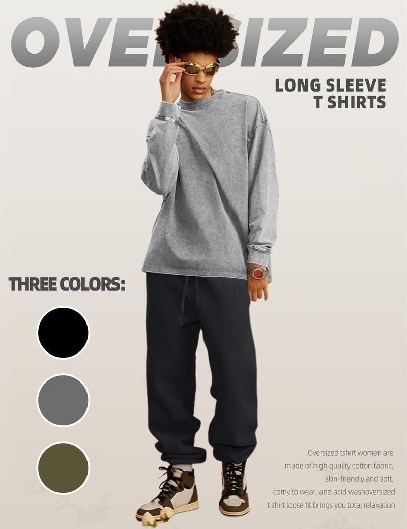 Arssm 3 Pack Mens Oversized T-Shirts Cotton Long Sleeve Tshirts Vintage Acid Wash Baggy Tees(BlackGreyArmy-XL) - Image 5