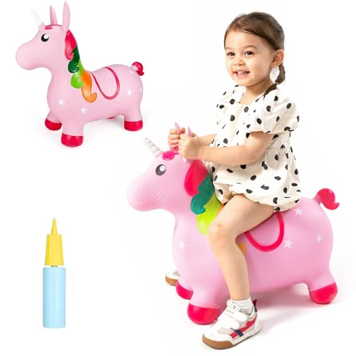 INPANY Unicorn Bouncy Horse Hopper Toys, Toddler Girl Inflatable Animal Hopping Horse, Bouncing Buddies, Ride on Rubber Bouncer, Indoor Outdoor Baby Birthday Gifts for 2 3 4 Year Old Girls Boys - Image 1