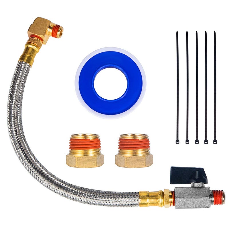 Breezliy Extended Tank Drain Valve Assembly Kit10 Inch Braided Steel Hose 14 Inch NPT Drain Valve and Elbow Fitting for Air Compressor with Two Extra 14 to 38 Brass Adapter and Thread Seal Tape