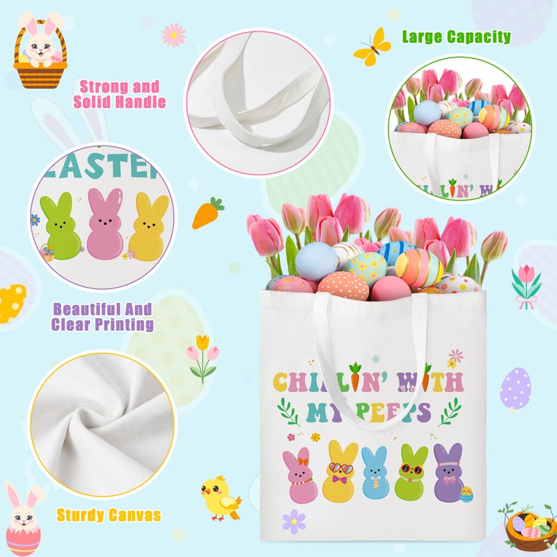 laffact Large Easter Canvas Bags - 3Pcs Happy Easter Chillin with My Peeps Treat Tote Bags with Handles Bulk Colorful Bunny Grocery Shoulder Happy Egg Hunt Bag Spring Party Favors Gift for Kids Girls - Image 5