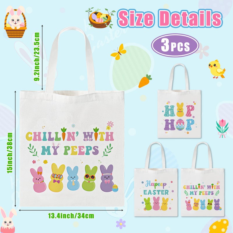 laffact Large Easter Canvas Bags - 3Pcs Happy Easter Chillin with My Peeps Treat Tote Bags with Handles Bulk Colorful Bunny Grocery Shoulder Happy Egg Hunt Bag Spring Party Favors Gift for Kids Girls - Image 4