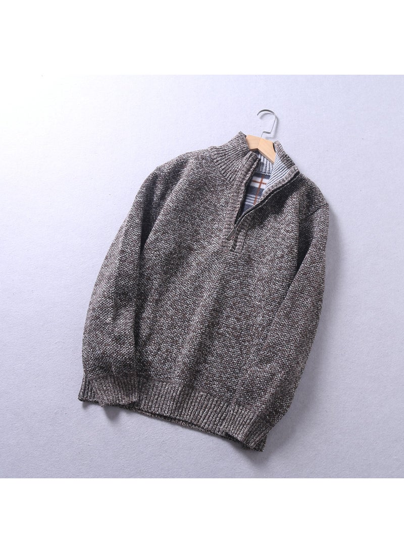 Generic - Autumn/Winter Fleece-Lined Thickened Warm Mens Half-Zip Pullover Inner Knitted Top Sweater Turtle Neck Design Casual Wear Brown - Image 1