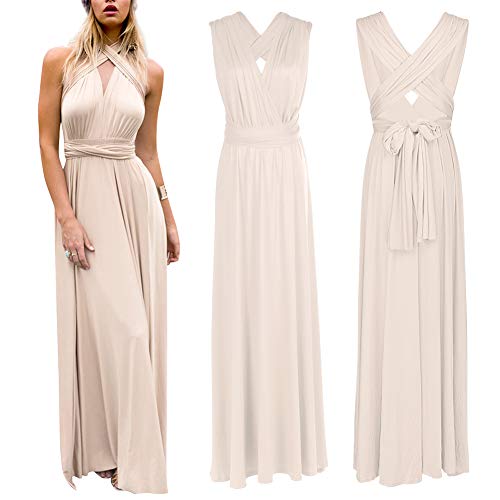 IWEMEK Women's Transformer Convertible Multi Way Wrap Long Prom Maxi Dress V-Neck Hight Low Wedding Bridesmaid Evening Party Grecian Dresses Boho Backless Halter Formal Cocktail Dance Gown Khaki Medium - Image 3