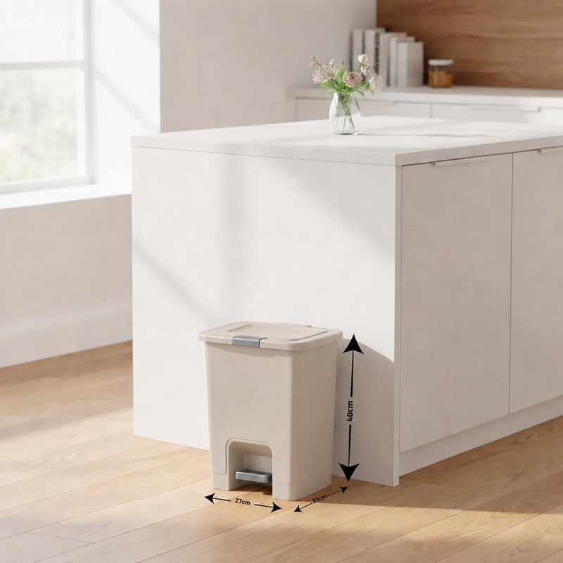 Trash Bin with Pedal, 25Litre, Modern Square design, Plastic - Beige - Image 4