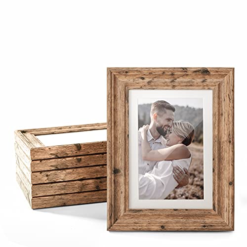 TWING 5x7 Picture Frames Set of 6, Rustic Picture Frame 4x6 with Mat or 5X7 Without Mat, Tabletop Display Wall Mounting Collage Photo Frames Brown Walnut Wood Pattern - Image 1