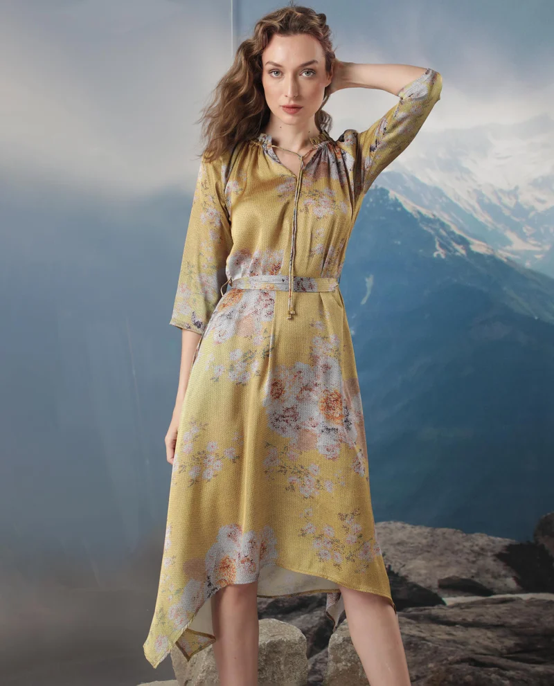 Rareism Women's Glitchy Floral Print Asymmetric Midi Dress