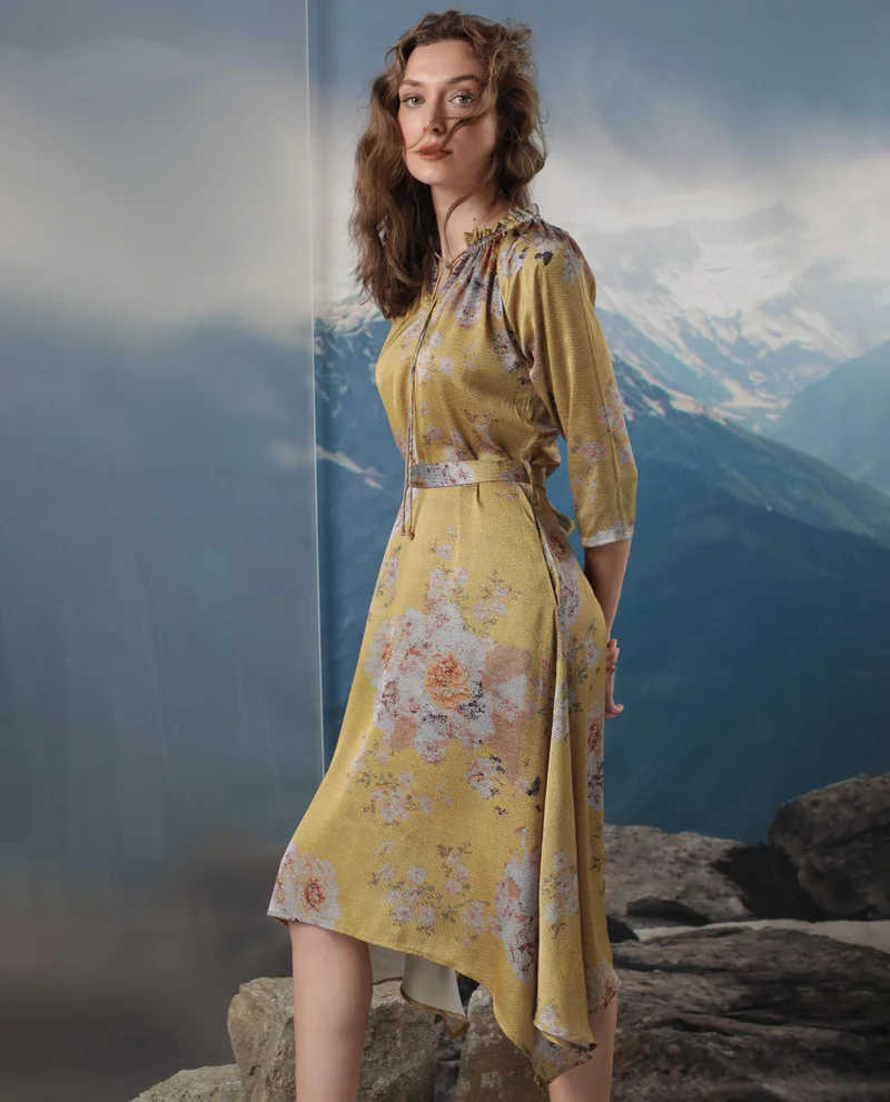 Rareism Women's Glitchy Floral Print Asymmetric Midi Dress