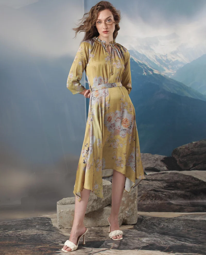 Rareism Women's Glitchy Floral Print Asymmetric Midi Dress
