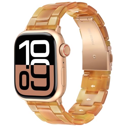 V-MORO Compatible with Resin Apple Watch Bands Series 11/10/9/8/7 46mm 45mm 44mm 42mm,Fashion Lightweight Resin Bracelet Wristband with Rose Gold Buckle iWatch Ultra 49mm Series 6/5/4/3/2/1/SE-Amber Glow - Image 1