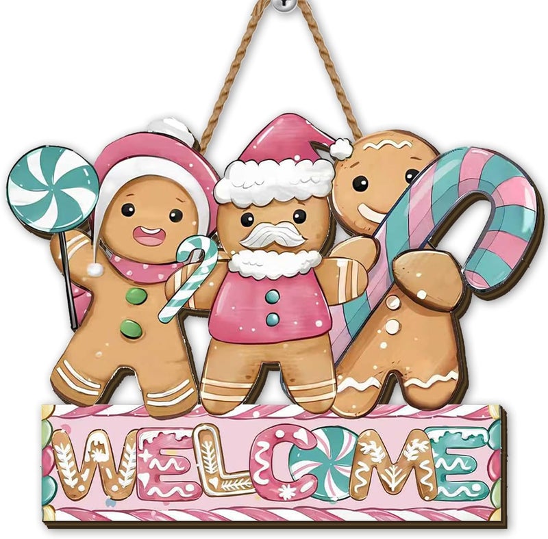 Yarcooly Christmas Door Sign - Wooden Wreath Hanging Gingerbread House Welcome Decor - 12 inches x 12 inches - Image 1