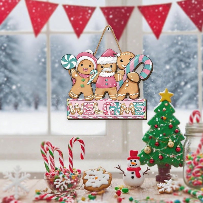 Yarcooly Christmas Door Sign - Wooden Wreath Hanging Gingerbread House Welcome Decor - 12 inches x 12 inches - Image 3