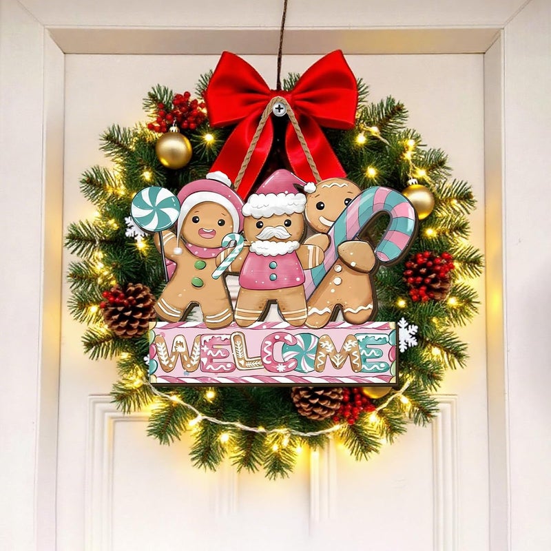 Yarcooly Christmas Door Sign - Wooden Wreath Hanging Gingerbread House Welcome Decor - 12 inches x 12 inches - Image 4