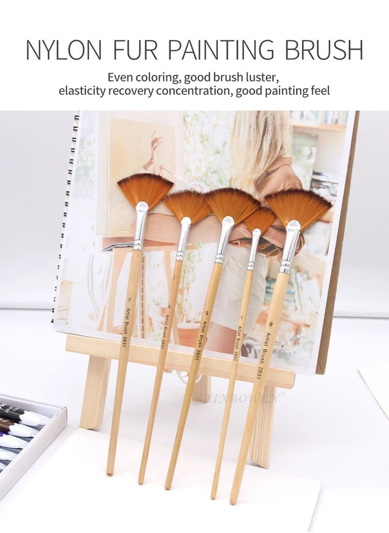 MileMelo - 5 Pcs Paint Brushes Set, Fan Paint Brush with Long Wood Handles Anti-Shedding Nylon Hair Painting Brush for Acrylic Painting, Oil Watercolor Painting - Image 1