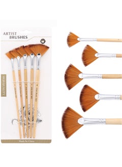 5 Pcs Paint Brushes Set, Fan Paint Brush with Long Wood Handles Anti-Shedding Nylon Hair Painting Brush for Acrylic Painting, Oil Watercolor Painting