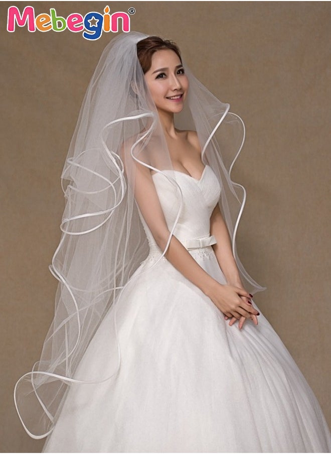 MEBEGIN Women's Mid Length Multi Tier Ribbon Edge Wedding Bridal Veil Costumes Accessories,Soft Veil Bride Bridal Shower Bachelorette Party for Women and Girls 100-135cm White  - Image 1