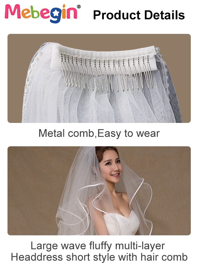 MEBEGIN Women's Mid Length Multi Tier Ribbon Edge Wedding Bridal Veil Costumes Accessories,Soft Veil Bride Bridal Shower Bachelorette Party for Women and Girls 100-135cm White  - Image 4