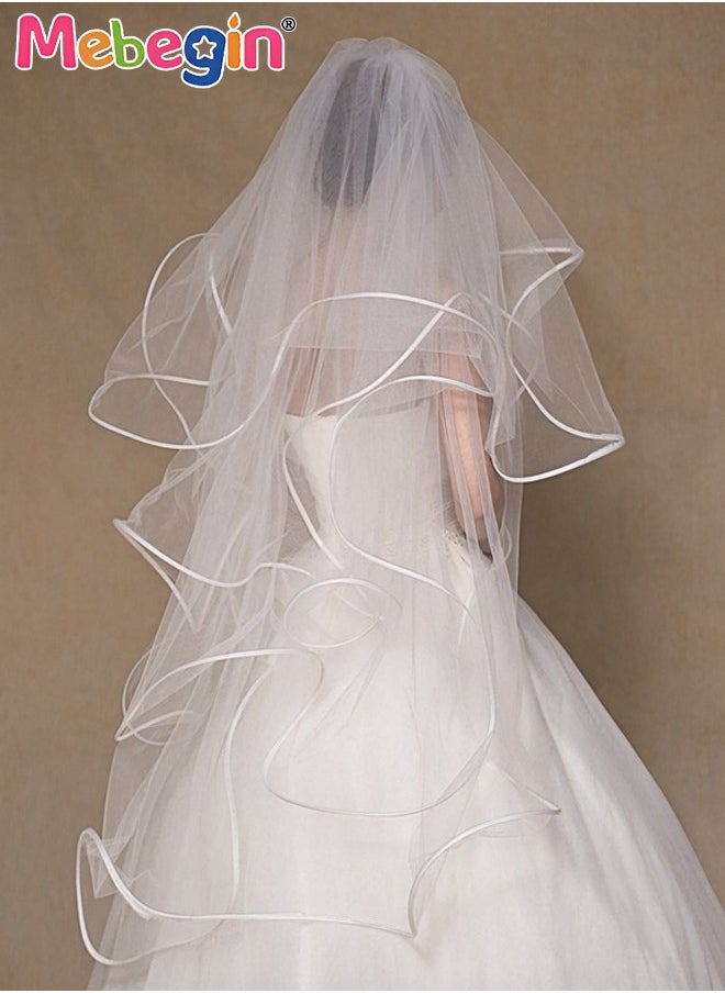 MEBEGIN Women's Mid Length Multi Tier Ribbon Edge Wedding Bridal Veil Costumes Accessories,Soft Veil Bride Bridal Shower Bachelorette Party for Women and Girls 100-135cm White  - Image 3