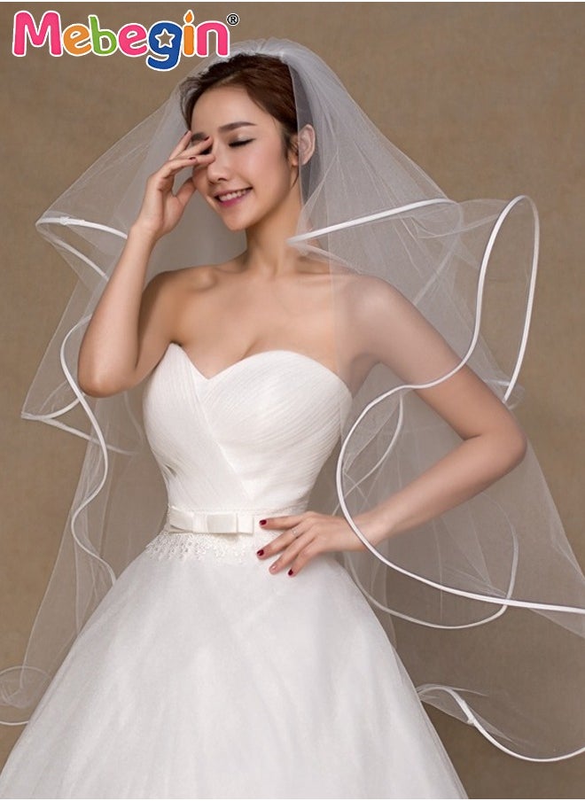 MEBEGIN Women's Mid Length Multi Tier Ribbon Edge Wedding Bridal Veil Costumes Accessories,Soft Veil Bride Bridal Shower Bachelorette Party for Women and Girls 100-135cm White  - Image 2