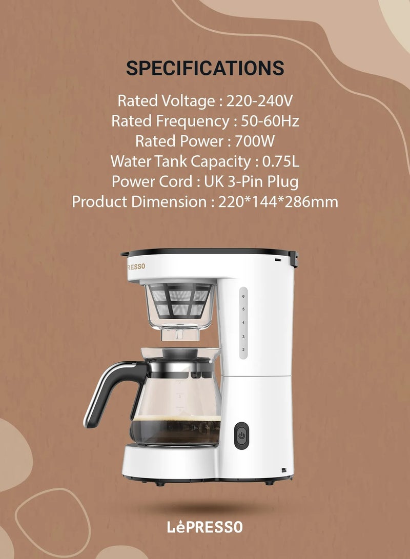 LePRESSO Transparent Drip Coffee Machine with BS Plug 0.75L Coffee Maker 700W Fast Brewing / 40Min Keep Warm / Automatic Coffee Brewer / Home Kitchen Coffee Appliance / Auto Shut-Off Coffee Machine - White - Image 4