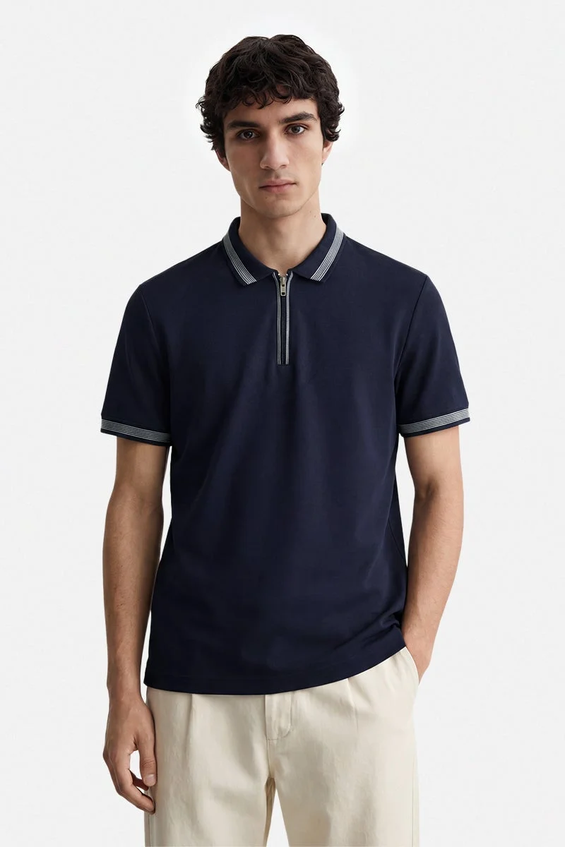 سنيتش Navy Blue Solid Half Sleeve Regular Fit Casual T-Shirt