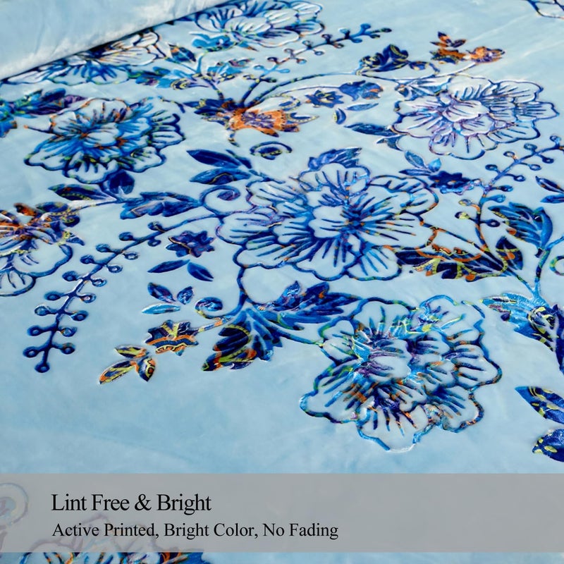 JML Korean Style Mink Blanket Heavy King Size 87" x 94", 10.5 Pounds Plush Fleece Blankets for Winter- Silky Soft and Warm, 2 Ply A&B Printed Embossed Raschel Bed Blanket (Flowers Branches Blue) - Image 5
