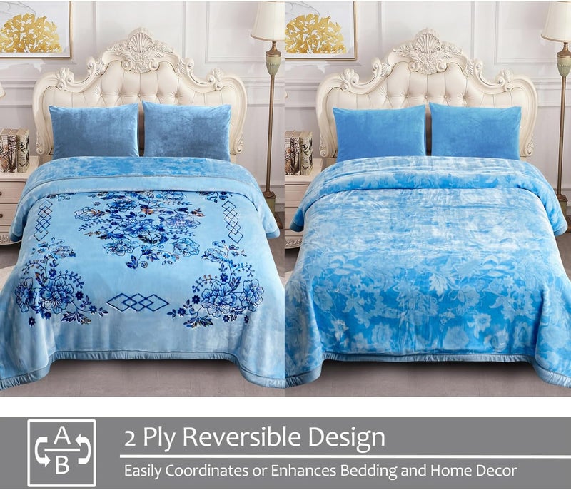 JML Korean Style Mink Blanket Heavy King Size 87" x 94", 10.5 Pounds Plush Fleece Blankets for Winter- Silky Soft and Warm, 2 Ply A&B Printed Embossed Raschel Bed Blanket (Flowers Branches Blue) - Image 3