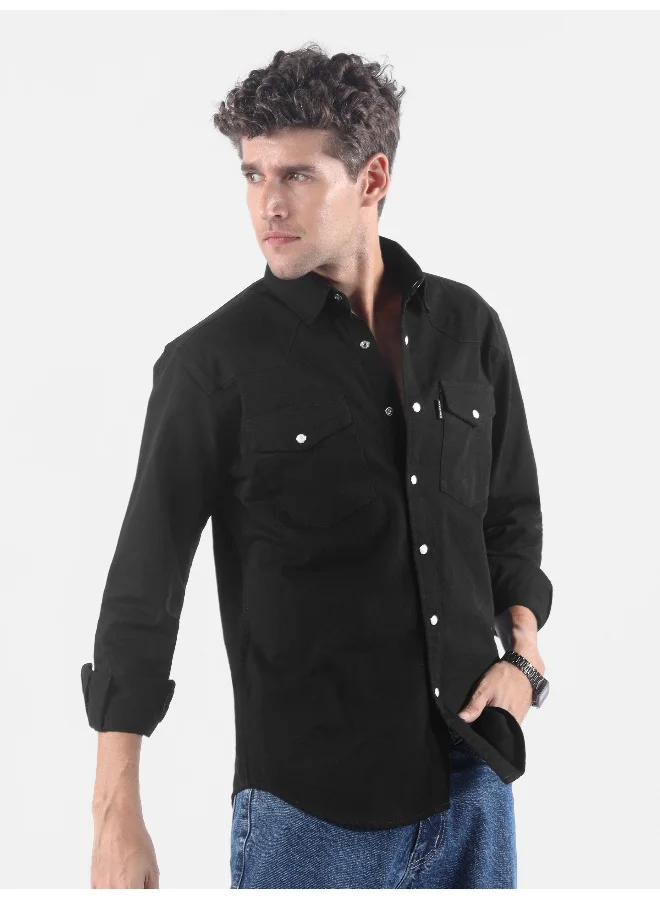 Beyoung Black V-Shaped Front Yoke Shirt