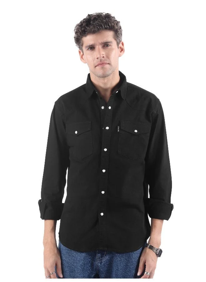 Beyoung Black V-Shaped Front Yoke Shirt