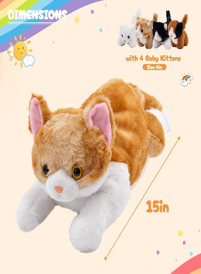 WEWILL 15'' Cat with Kittens Stuffed Animals, Mommy Plush Toy with 4 Baby Kittens, Cute Surprise for Imaginative Play, Cozy Magical Pillow Plushie for Girls, for Kids and Cat Lovers - Image 2