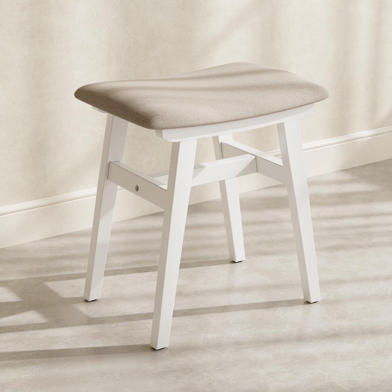 Muwuele Solid Wood Vanity Stool, Compact Makeup Chair with Saddle Cushion, Linen-Covered High Rebound Sponge Seat, Easy Assembly Footstool for Bedroom, Entryway, Home, White - Image 1