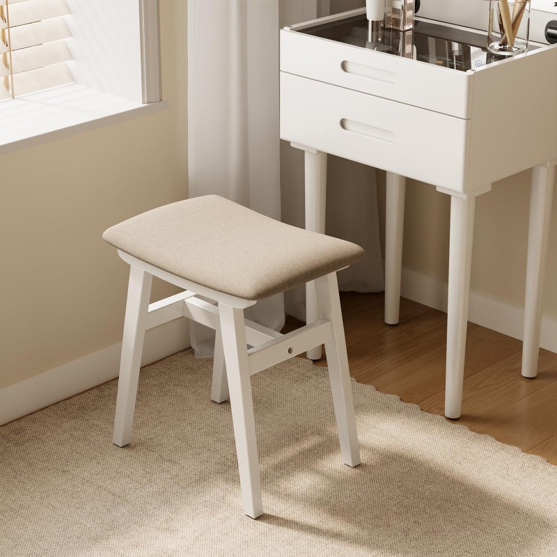Muwuele Solid Wood Vanity Stool, Compact Makeup Chair with Saddle Cushion, Linen-Covered High Rebound Sponge Seat, Easy Assembly Footstool for Bedroom, Entryway, Home, White - Image 3