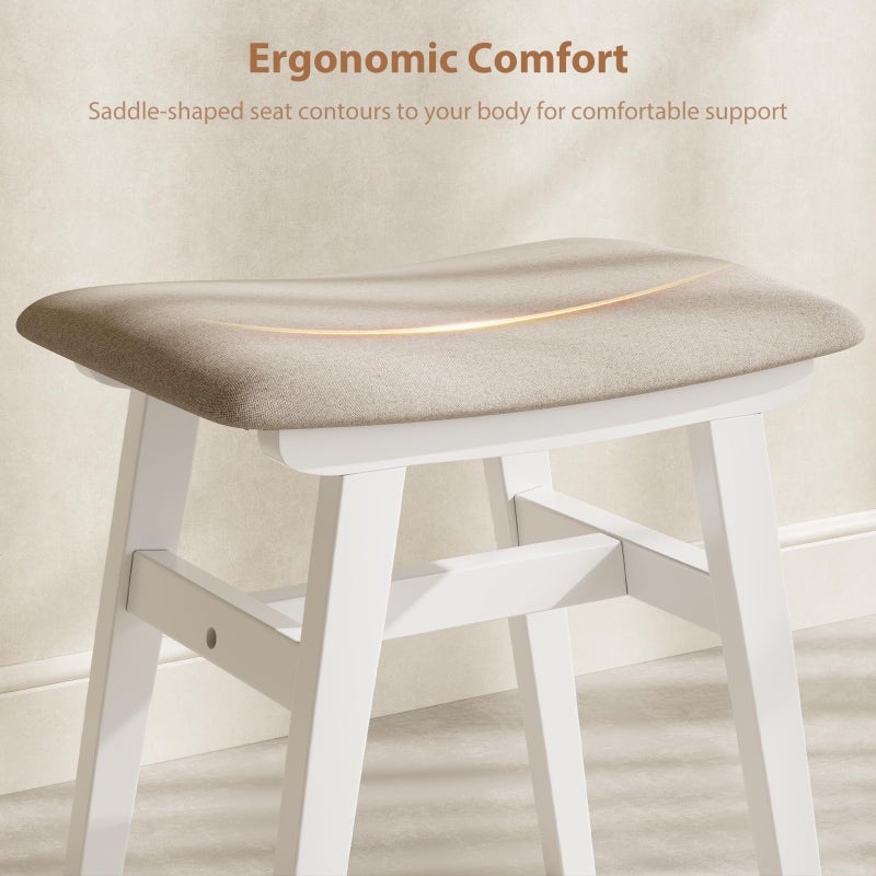 Muwuele Solid Wood Vanity Stool, Compact Makeup Chair with Saddle Cushion, Linen-Covered High Rebound Sponge Seat, Easy Assembly Footstool for Bedroom, Entryway, Home, White - Image 5