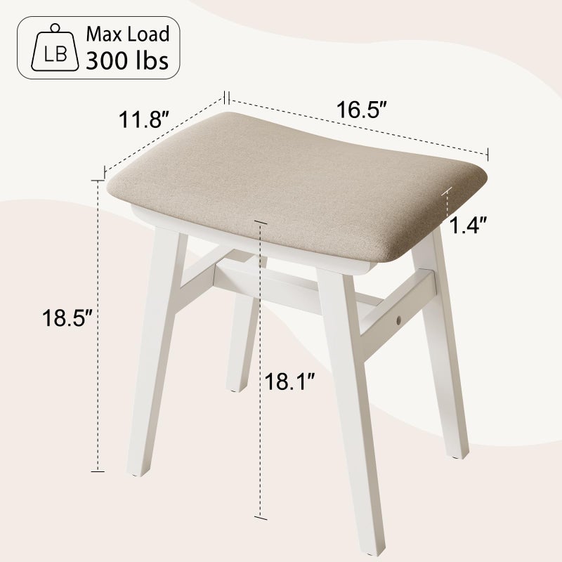 Muwuele Solid Wood Vanity Stool, Compact Makeup Chair with Saddle Cushion, Linen-Covered High Rebound Sponge Seat, Easy Assembly Footstool for Bedroom, Entryway, Home, White - Image 2