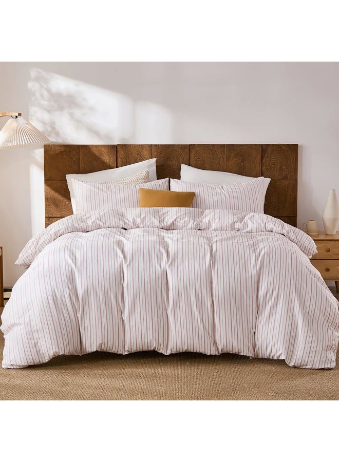 Merryword 100% Cotton Duvet Cover Set Queen Size - White & Pink Stripes Duvet Cover with Pillowcases, Soft Breathable Bedding Set Modern Minimalist Pinstripe Comforter Cover for All Seasons - Image 2