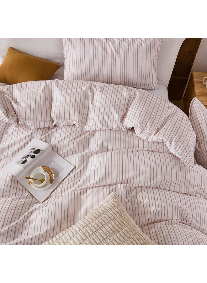 Merryword 100% Cotton Duvet Cover Set Queen Size - White & Pink Stripes Duvet Cover with Pillowcases, Soft Breathable Bedding Set Modern Minimalist Pinstripe Comforter Cover for All Seasons - Image 3