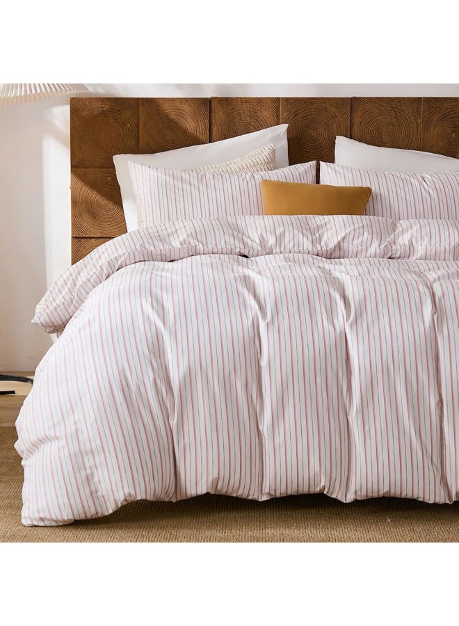 Merryword 100% Cotton Duvet Cover Set Queen Size - White & Pink Stripes Duvet Cover with Pillowcases, Soft Breathable Bedding Set Modern Minimalist Pinstripe Comforter Cover for All Seasons - Image 1
