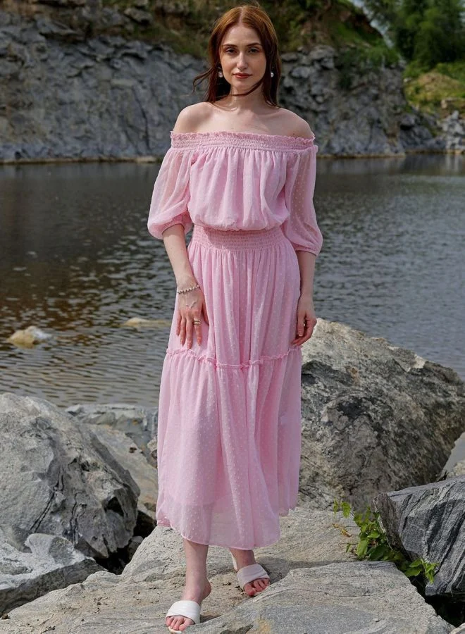 Women Fit and Flared Solid Boat Neck Short Sleeve Tiered Dress