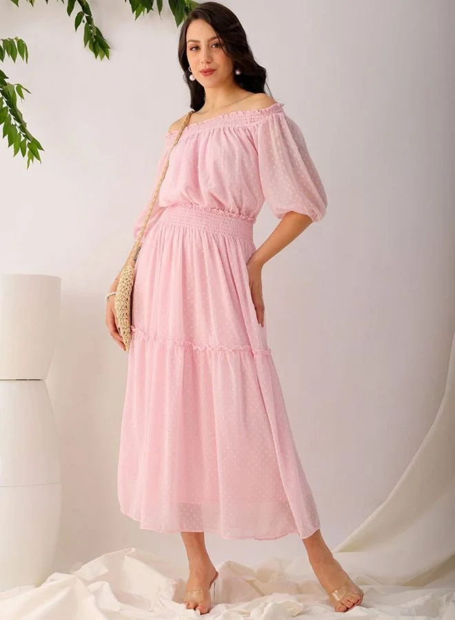 Freehand  Women Fit and Flared Solid Boat Neck Short Sleeve Tiered Dress for Women | Best Price UAE