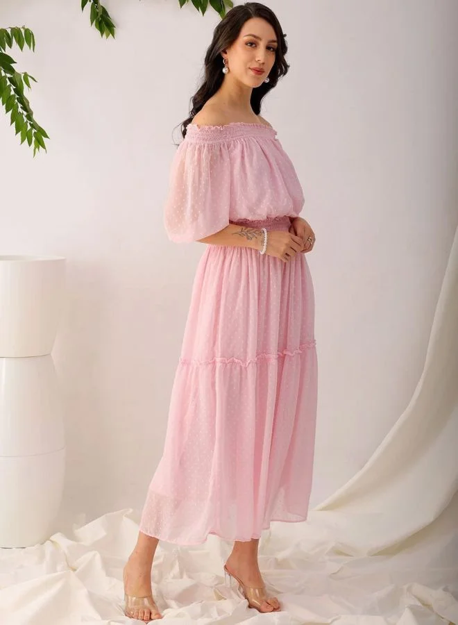 Freehand  Women Fit and Flared Solid Boat Neck Short Sleeve Tiered Dress for Women | Best Price UAE