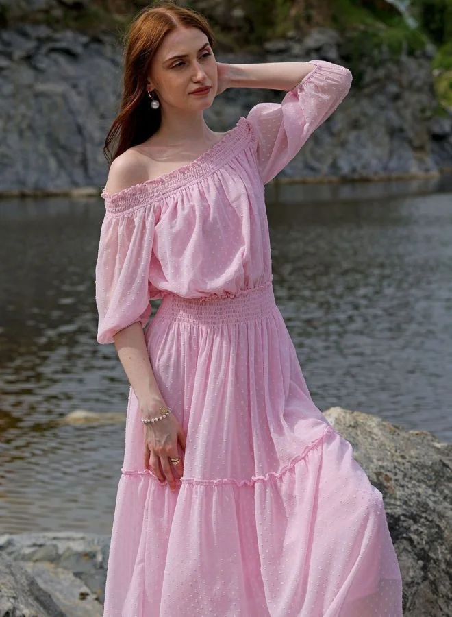Freehand  Women Fit and Flared Solid Boat Neck Short Sleeve Tiered Dress for Women | Best Price UAE