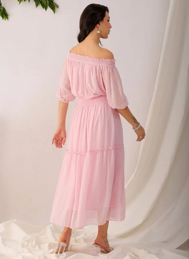 Freehand  Women Fit and Flared Solid Boat Neck Short Sleeve Tiered Dress for Women | Best Price UAE
