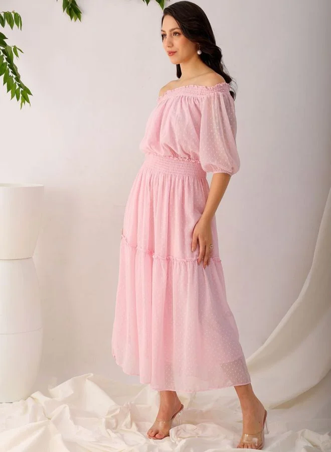 Freehand  Women Fit and Flared Solid Boat Neck Short Sleeve Tiered Dress for Women | Best Price UAE